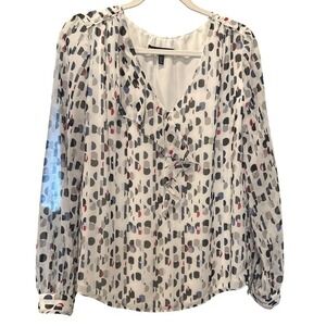 White House Black Market Womens Blouse Ruffle Sz 8 White Multi Geometric Sheer